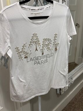 Karl Lagerfeld White Tee with Gold and Silver Embellished Logo